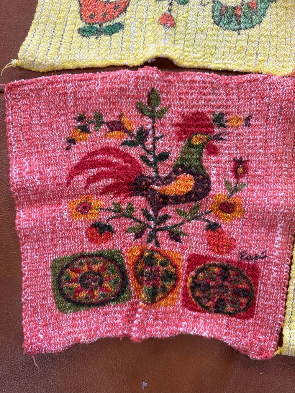 Vintage Swedish Style Printed Knit Dishcloths Lot of 4 Bird/Rooster 10x10